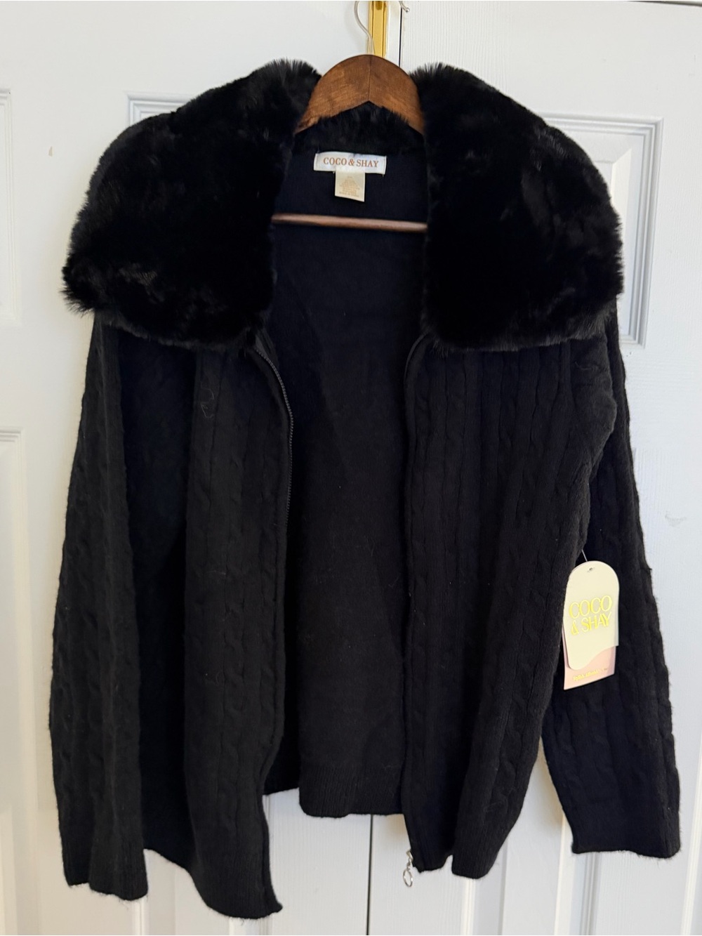 Black Faux Fur Collar Cable Knit Jacket